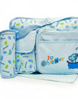 Stork And Baby Mothers Choice blue diaper bag with I Love Shower embroidery, bottle holder, and baby changing mat.