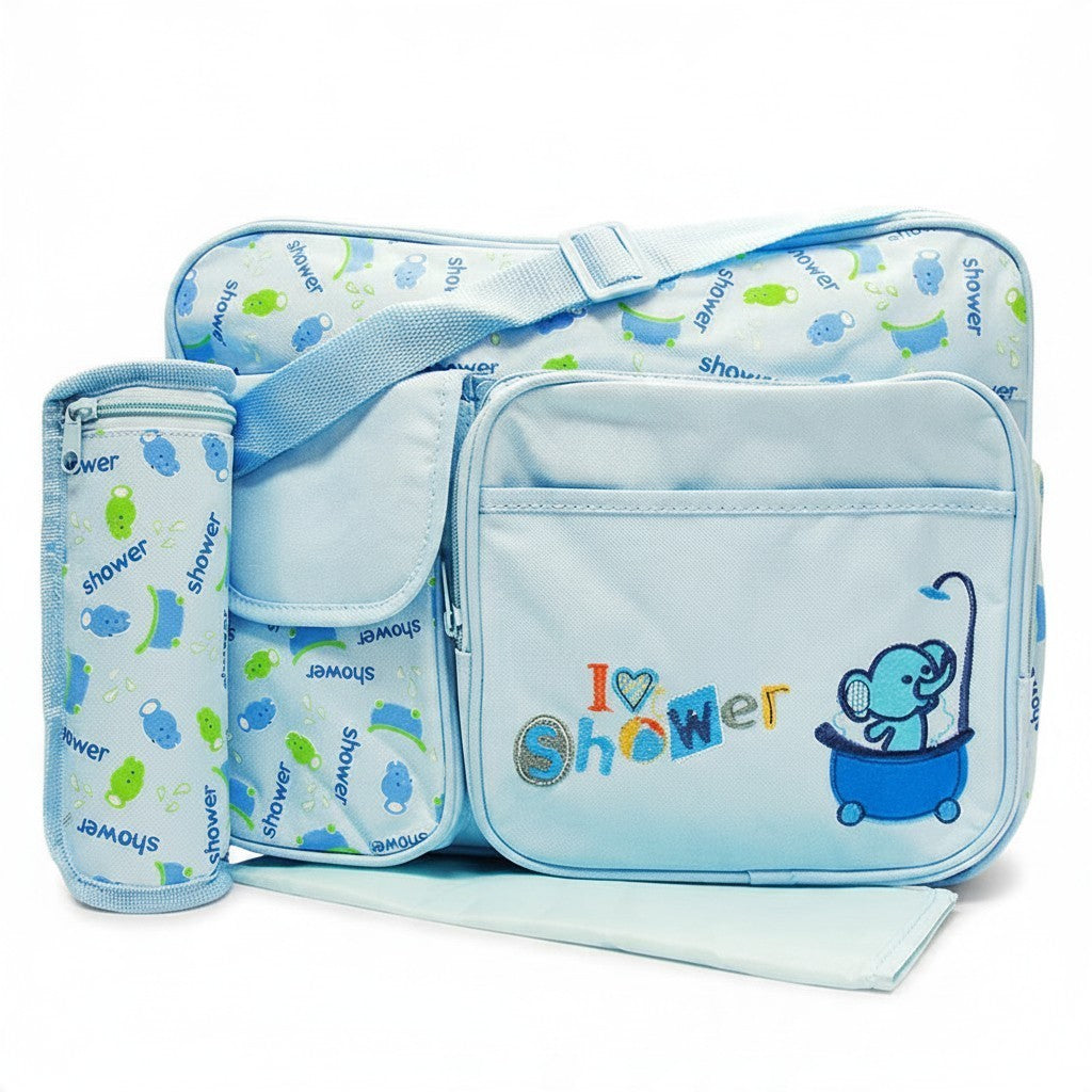 Stork And Baby blue diaper bag with I Love Shower elephant embroidery, matching bottle holder, and changing mat.