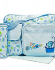 Stork And Baby blue diaper bag with I Love Shower elephant embroidery, matching bottle holder, and changing mat.