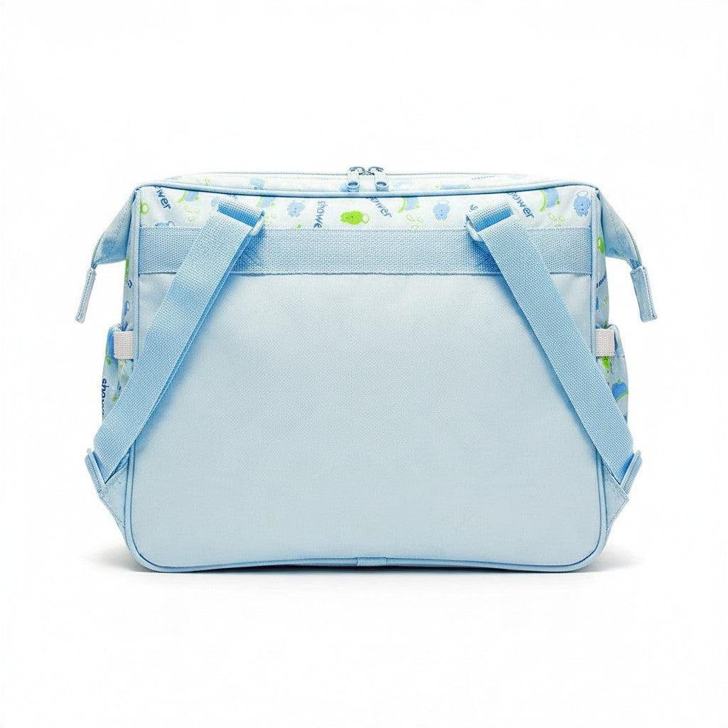 Stork And Baby Mothers Choice blue diaper bag with two outer pockets and patterned trim on a white background
