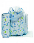 Stork And Baby Mothers Choice blue diaper bag with I Love Shower print, featuring outer pockets and bottle holder.