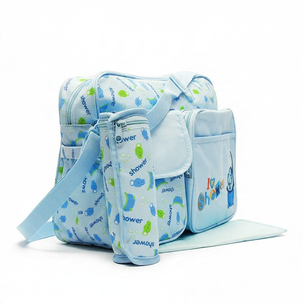 Stork And Baby blue diaper bag with I Love Shower print, featuring two outer pockets and a matching bottle holder.