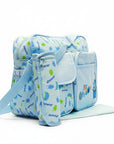 Stork And Baby blue diaper bag with I Love Shower print, featuring two outer pockets and a matching bottle holder.