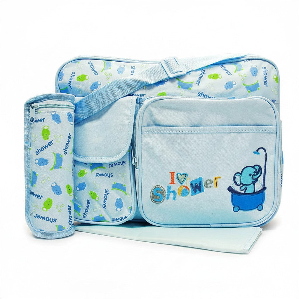 Stork And Baby blue diaper bag with I Love Shower print, two outer pockets, and matching bottle holder.
