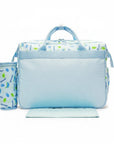 Stork And Baby Mothers Choice blue diaper bag with two outer pockets, matching bottle holder, and baby print pattern.