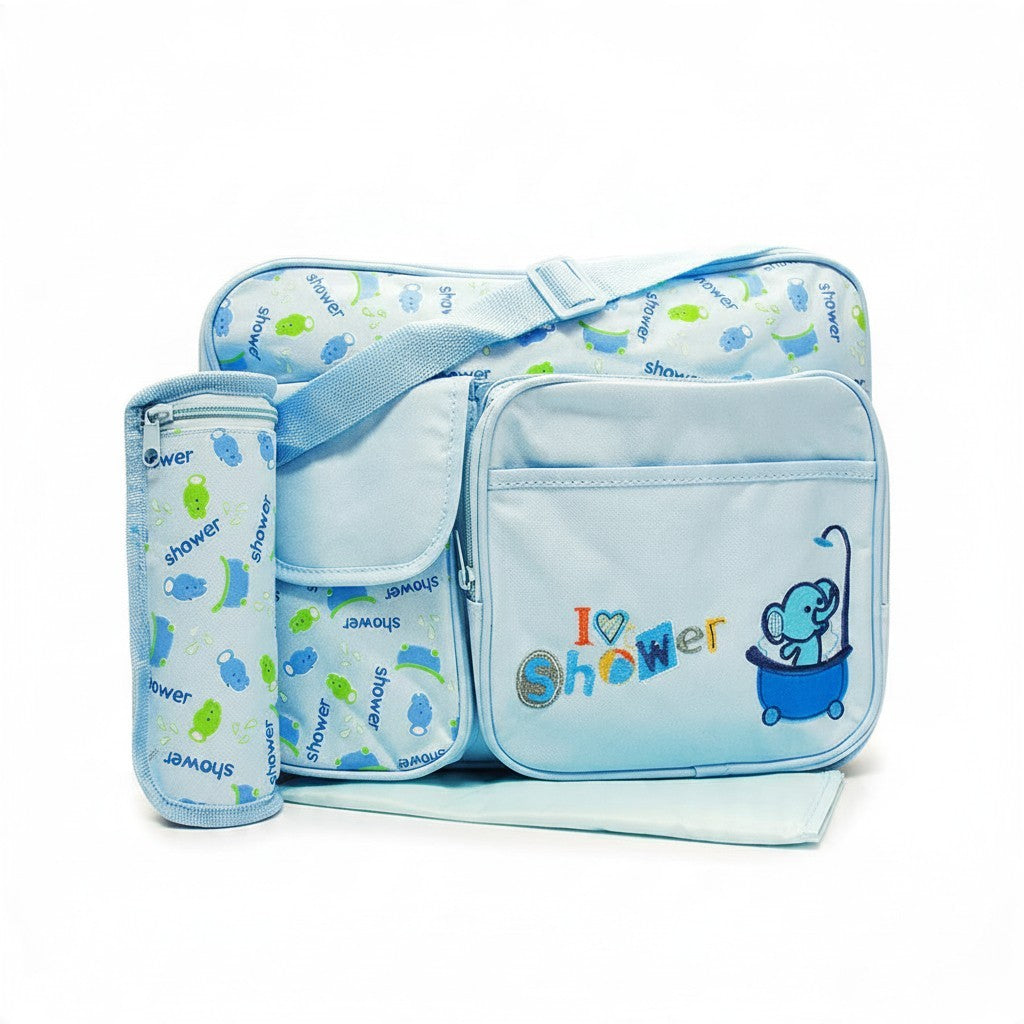 Stork And Baby Mothers Choice blue diaper bag with elephant print, two outer pockets, and matching bottle holder.