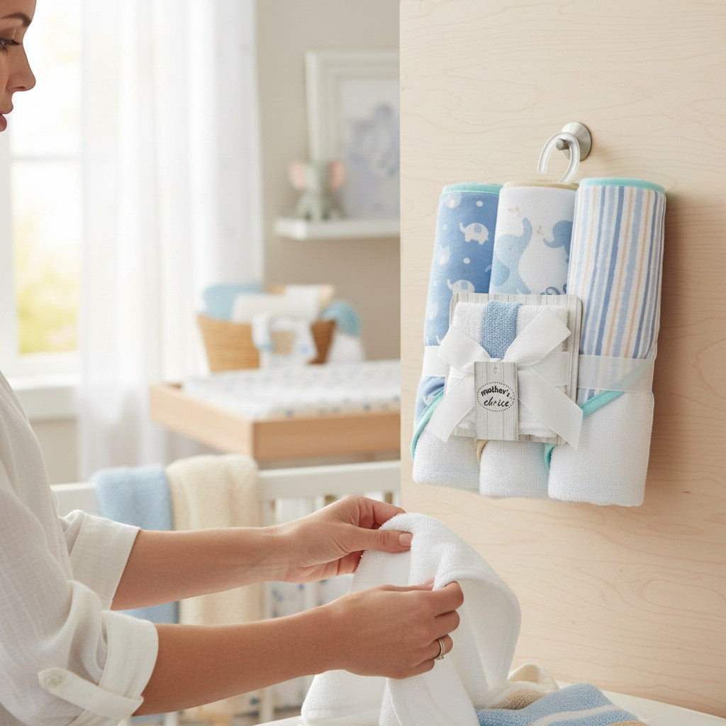 Stork And Baby blue elephant hooded towels and facecloths set for baby care. Soft, absorbent cotton.