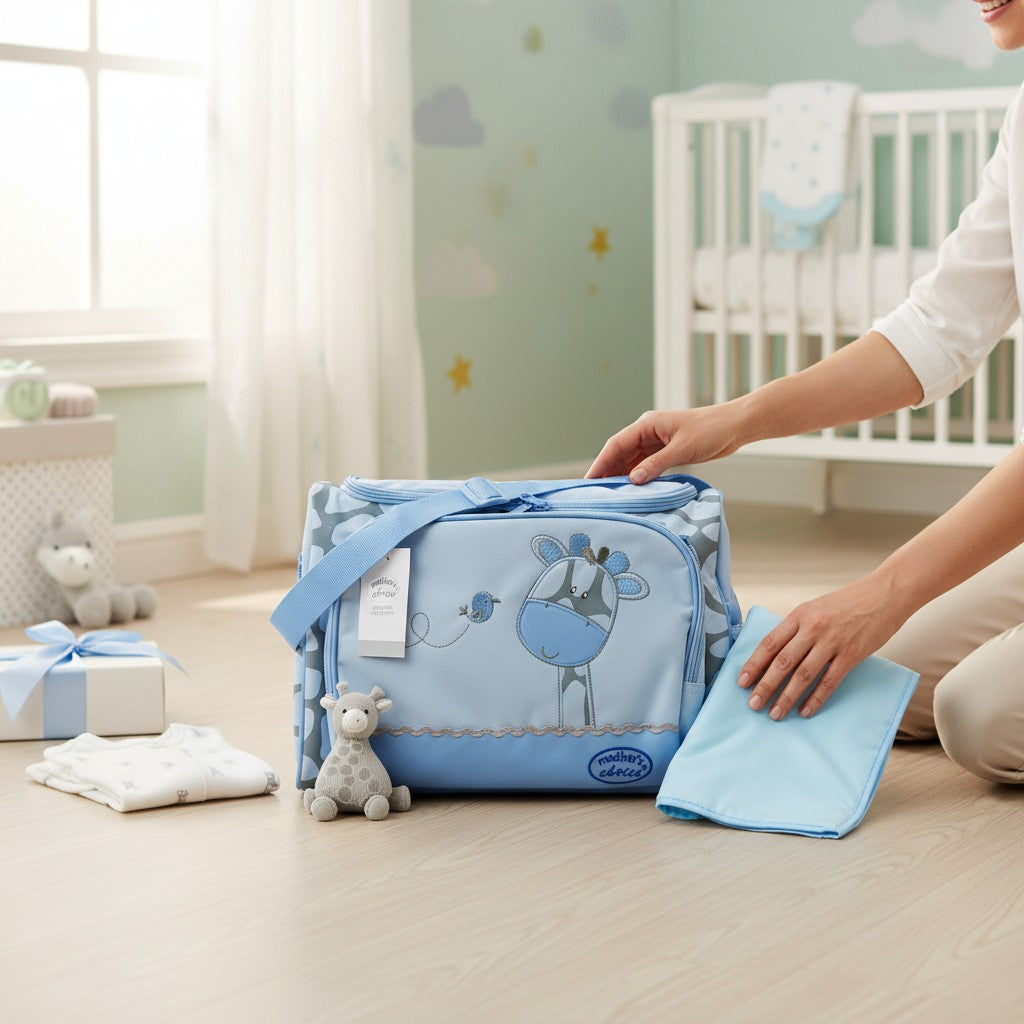 Stork And Baby blue square diaper bag with giraffe embroidery and a changing pad. Includes a stuffed giraffe.