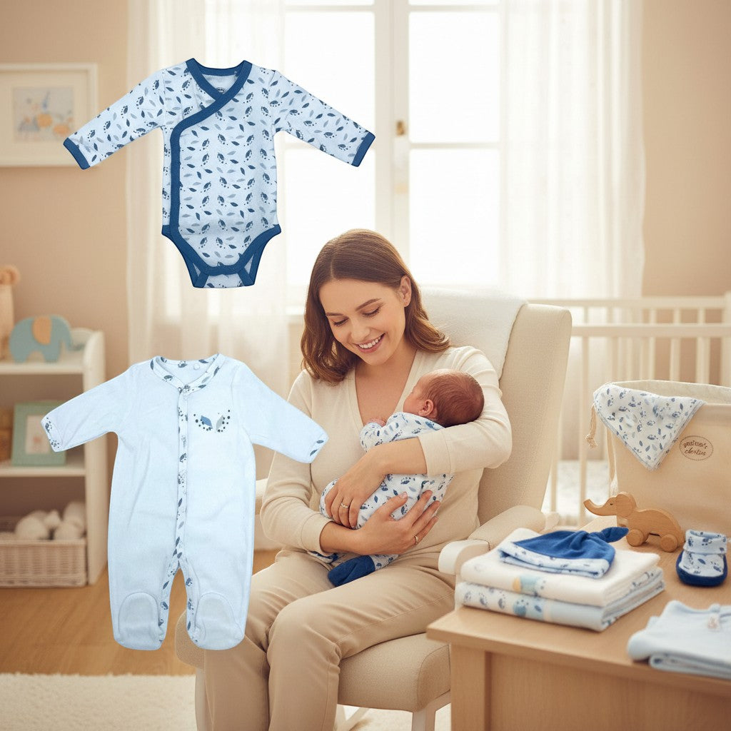 Stork And Baby blue and grey leaf print 100% cotton baby boy starter pack with kimono onesie and footed pajamas.