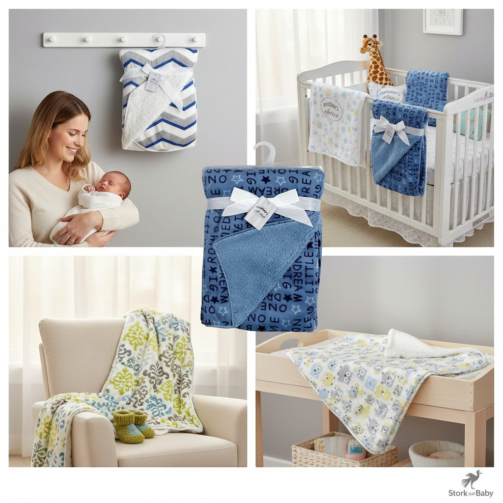 Stork And Baby blue micromink furlined baby blanket with white ribbon and stars pattern