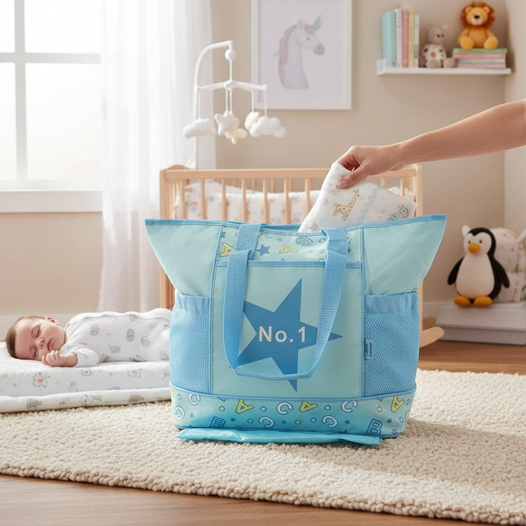 Stork And Baby blue nappy bag with multiple compartments and a changing mat. Features a large "No. 1" star graphic.