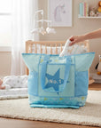 Stork And Baby blue nappy bag with multiple compartments and a changing mat. Features a large "No. 1" star graphic.