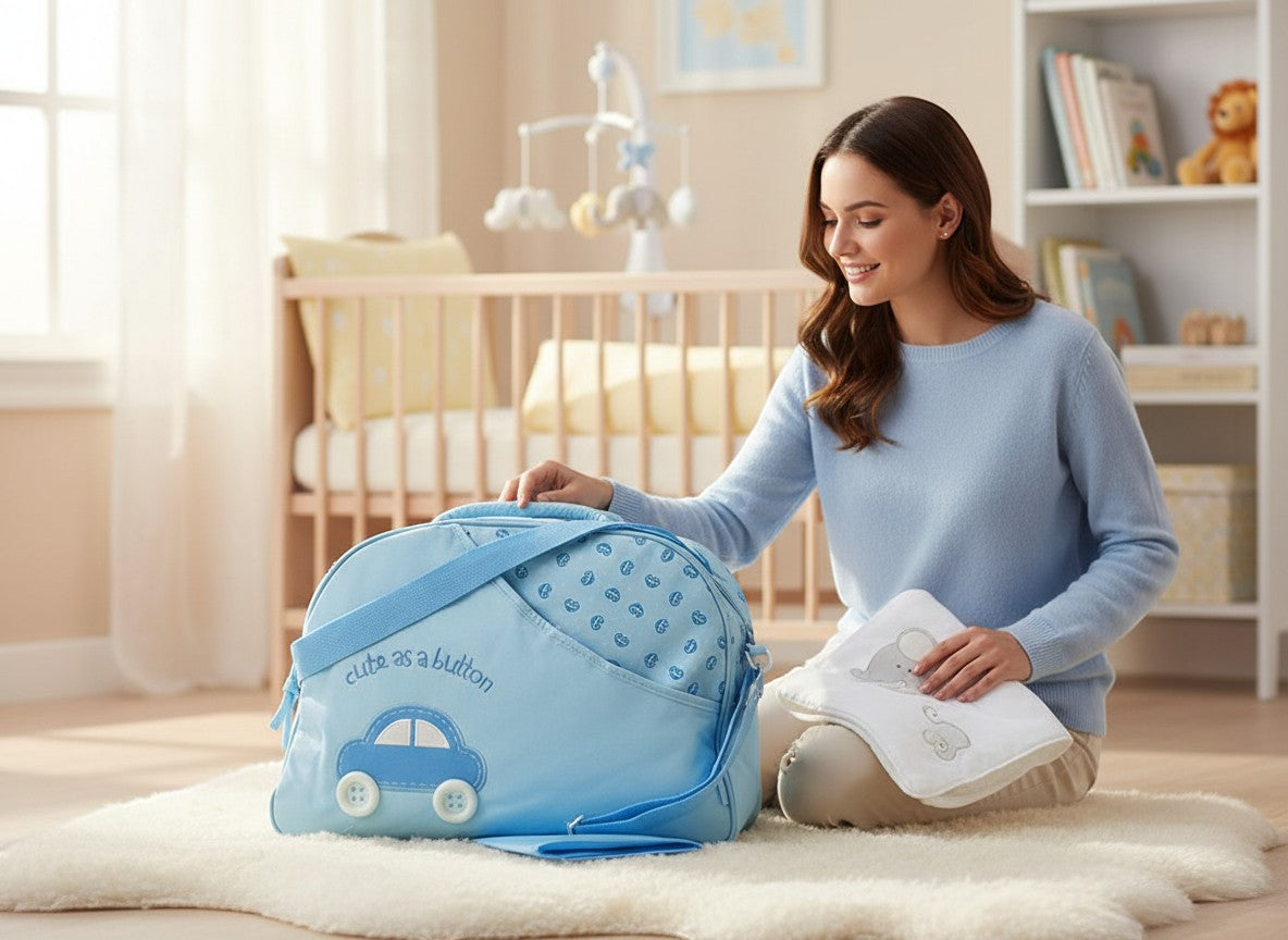 Stork And Baby light blue round top nappy bag with a car applique and "cute as a button" text.