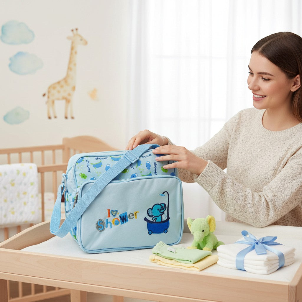 Stork And Baby blue nappy bag with 'I Love Shower' elephant graphic. Multiple compartments, spacious design.