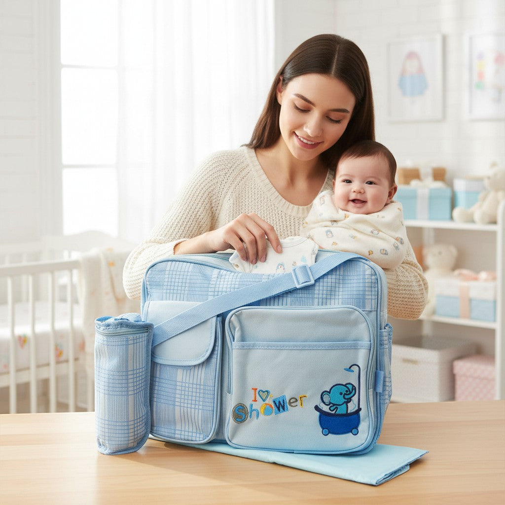 Stork And Baby blue plaid nappy bag with elephant and shower embroidery. Includes changing mat and bottle holder.