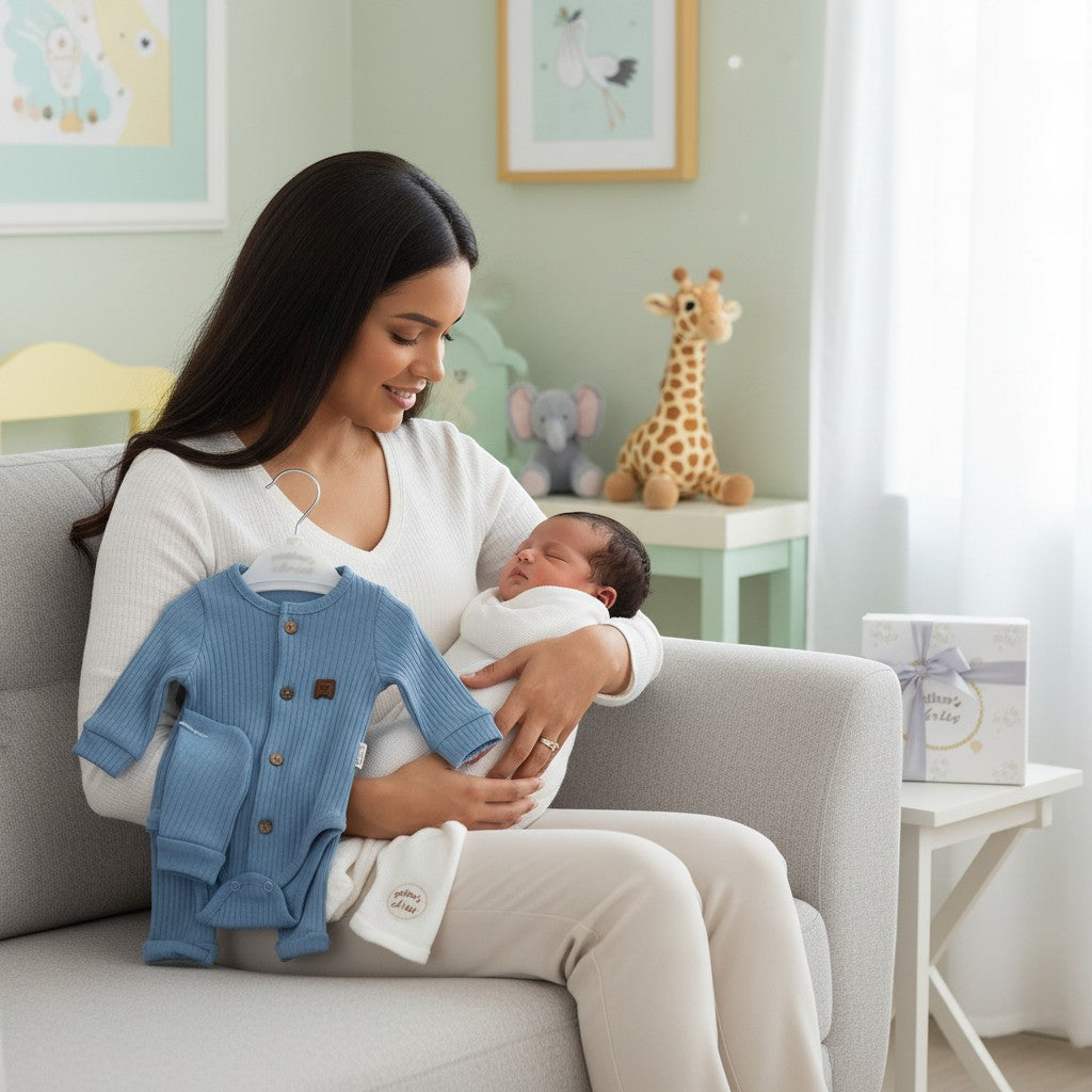 Stork And Baby blue ribbed 3-piece newborn set with romper, pants, and hat. A mother holds her baby.