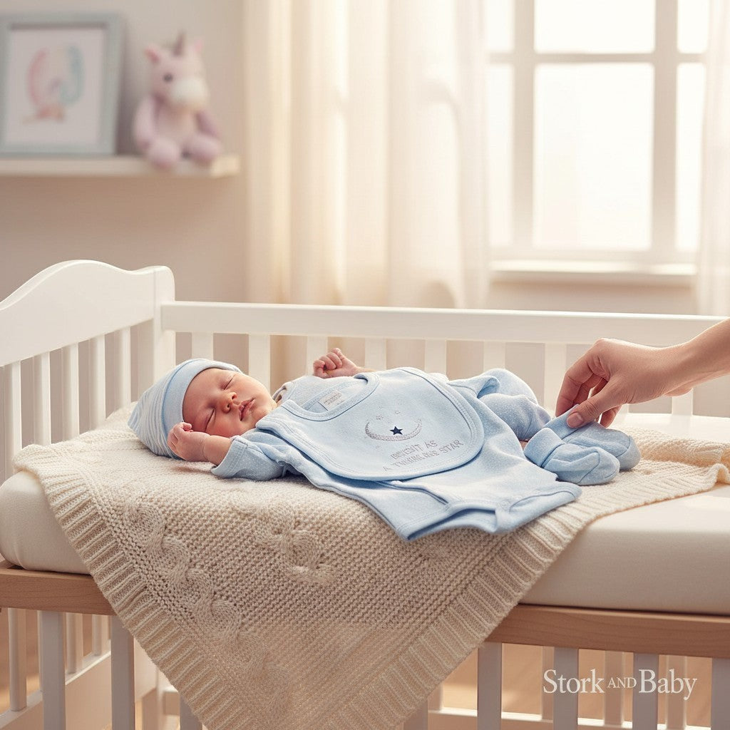 Stork and Baby light blue baby boy romper set with twinkling star design and matching hat and booties.
