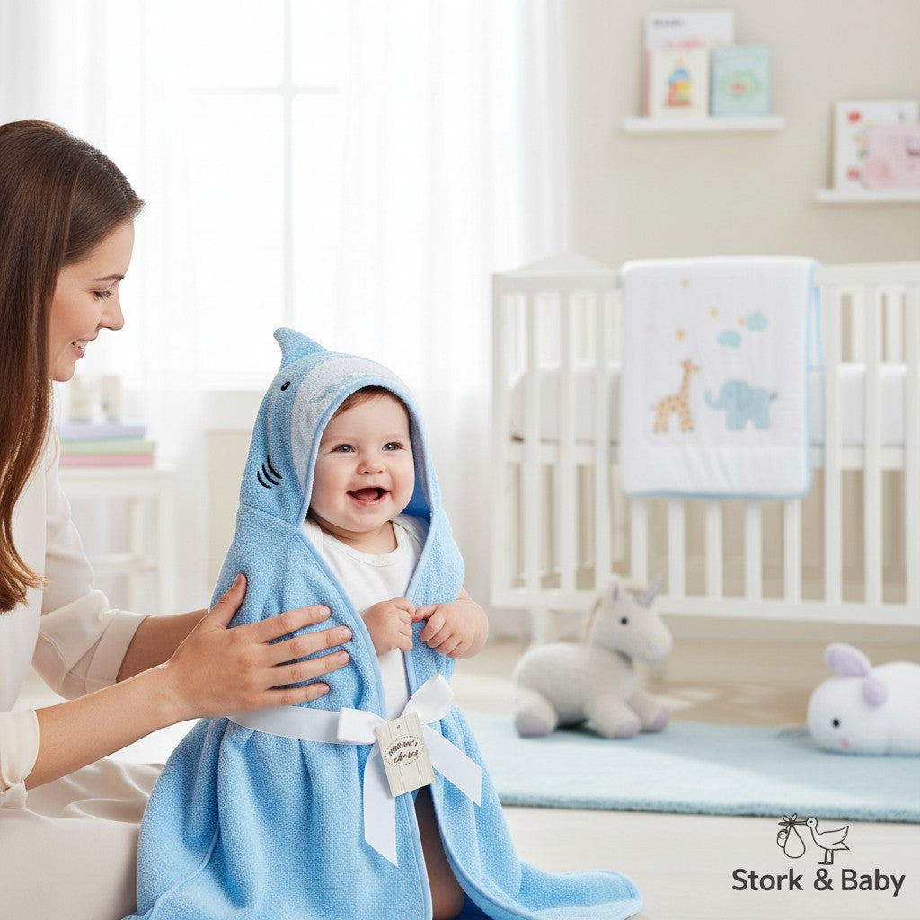 Stork And Baby blue hooded shark towel with washcloths for baby, soft absorbent fabric