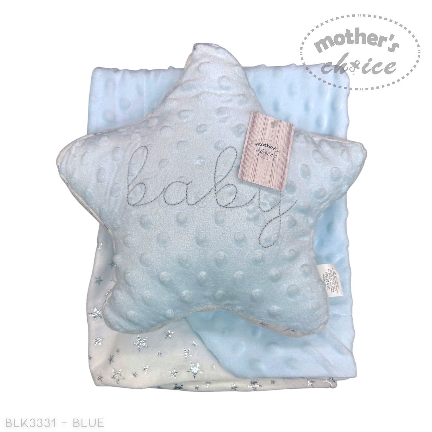 Stork And Baby light blue sherpa blanket with a matching star pillow embroidered with 'baby'.