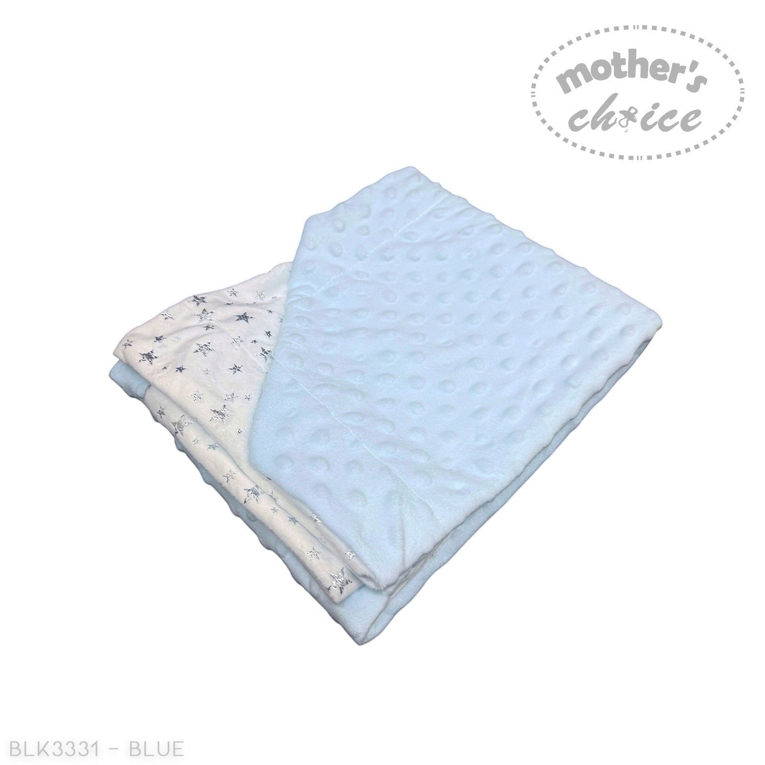 Stork And Baby blue sherpa blanket with dimple texture and a white blanket with silver stars.