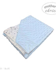 Stork And Baby blue sherpa blanket with dimple texture and a white blanket with silver stars.