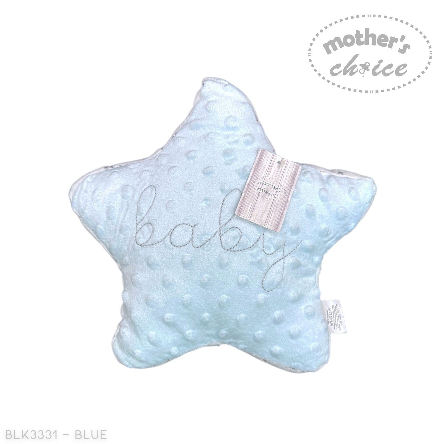 Stork And Baby light blue star-shaped sherpa blanket with "baby" embroidered in grey thread.