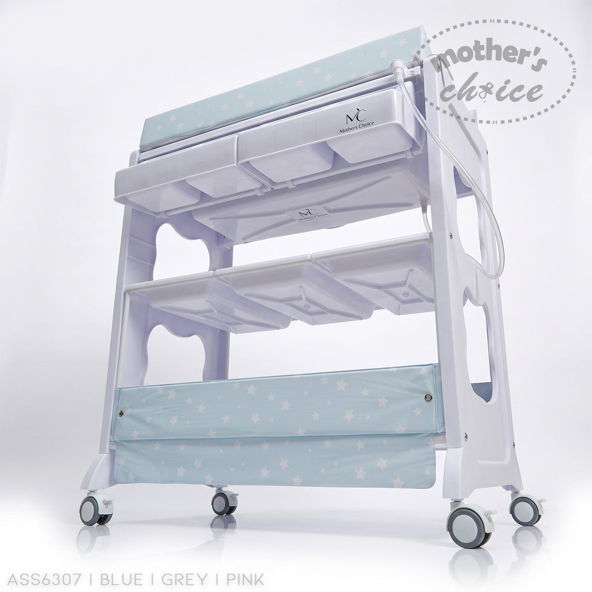 Stork And Baby blue baby bath caddy with star pattern, multiple storage shelves, and wheels for easy mobility