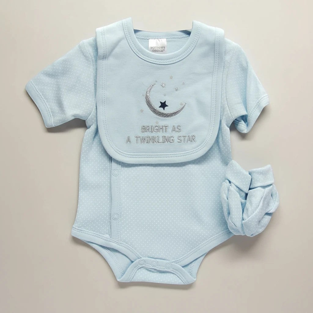 Stork And Baby light blue polka dot baby boy romper with a crescent moon and star bib that says "Bright as a Twinkling Star".