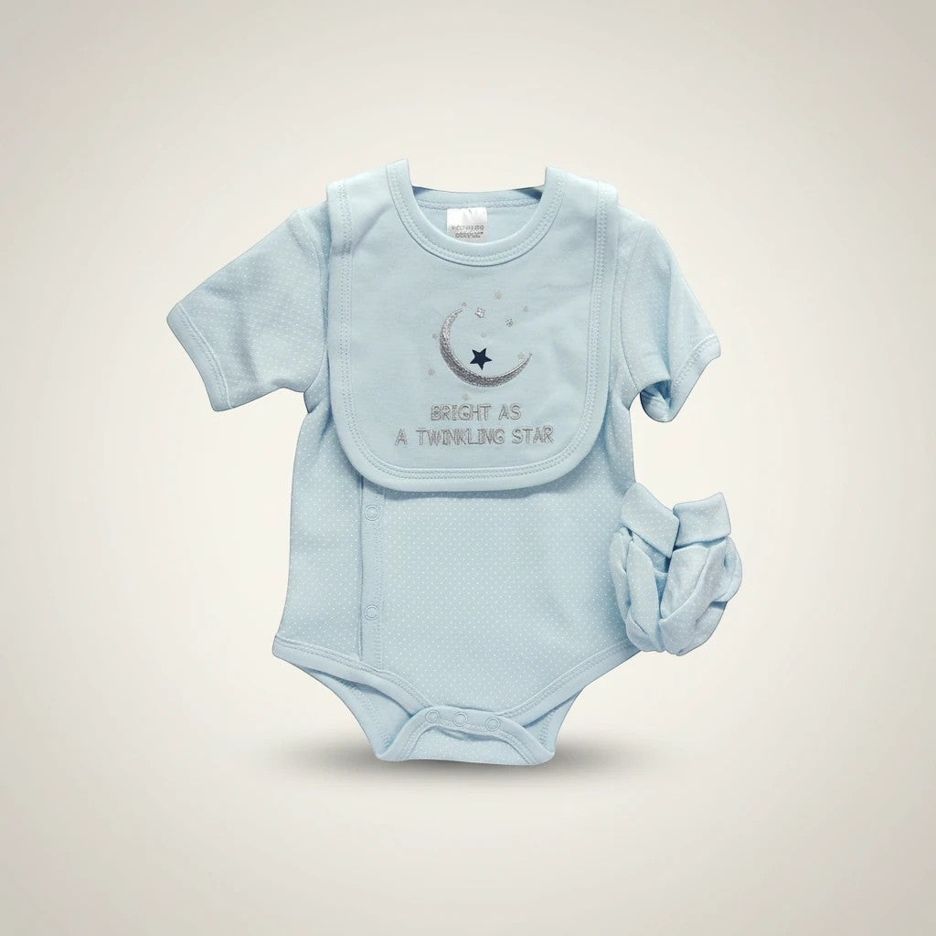 Stork And Baby light blue polka dot baby boy romper with moon and star embroidery and matching bib.