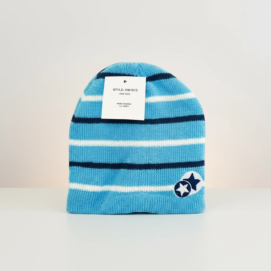 Stork And Baby blue and white striped knit winter hat with navy accents and a star detail. Soft and cozy for infants.