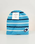 Stork And Baby blue and white striped knit winter hat with navy accents and a star detail. Soft and cozy for infants.