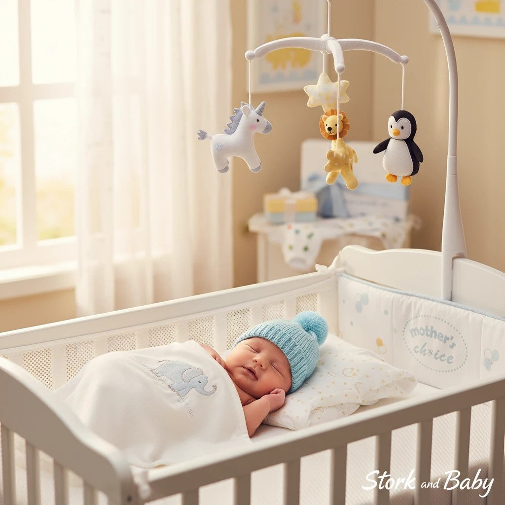 Stork and Baby blue knitted trapper beanie with pom-pom on sleeping baby