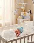 Stork and Baby blue knitted trapper beanie with pom-pom on sleeping baby