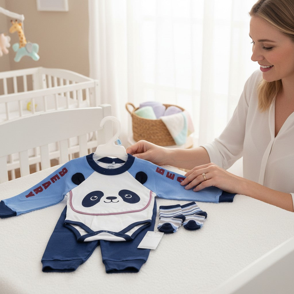 Stork And Baby blue 3-piece baby boy set with panda face bodysuit, pants, and striped socks. "BEAR" text on sleeves.