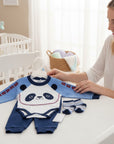 Stork And Baby blue 3-piece baby boy set with panda face bodysuit, pants, and striped socks. "BEAR" text on sleeves.