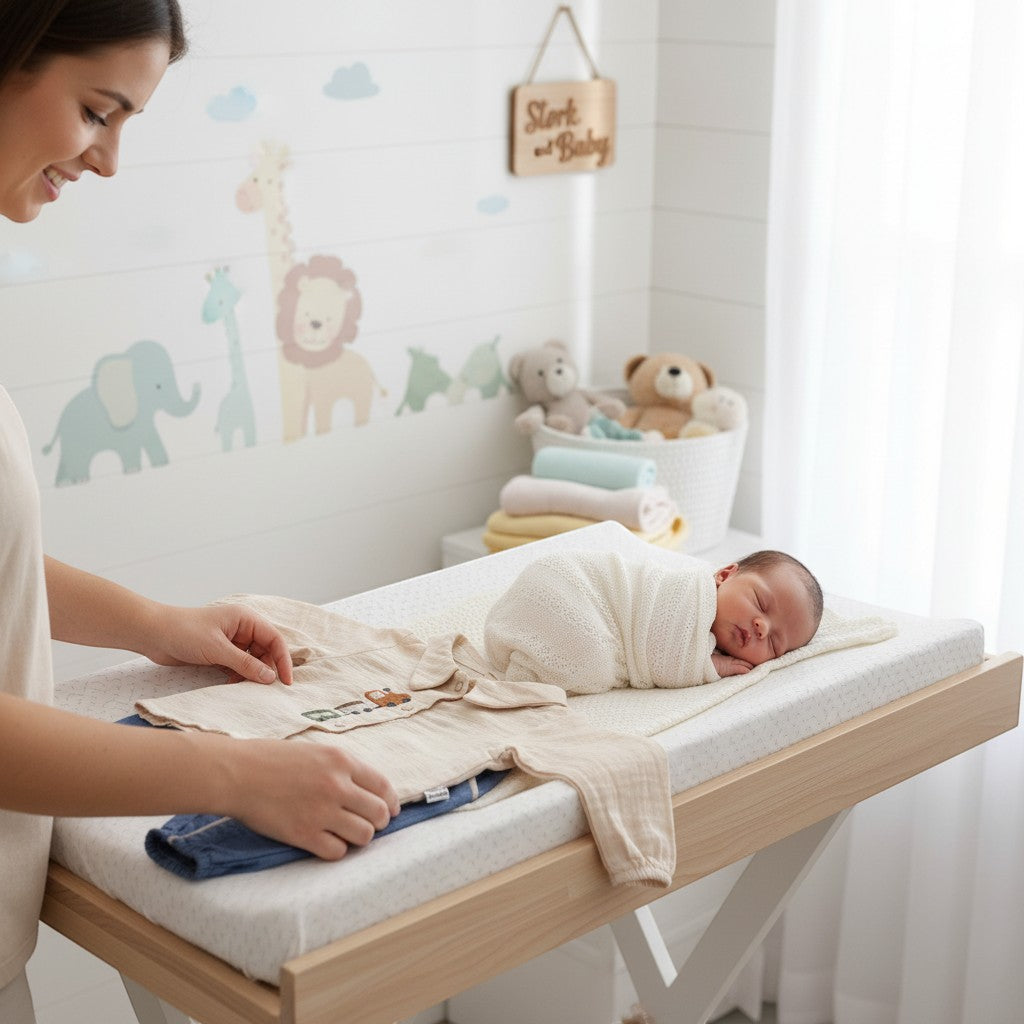 Stork And Baby boys 2 piece embroidered muslin set in beige with blue pants. Newborn baby wrapped in white blanket.