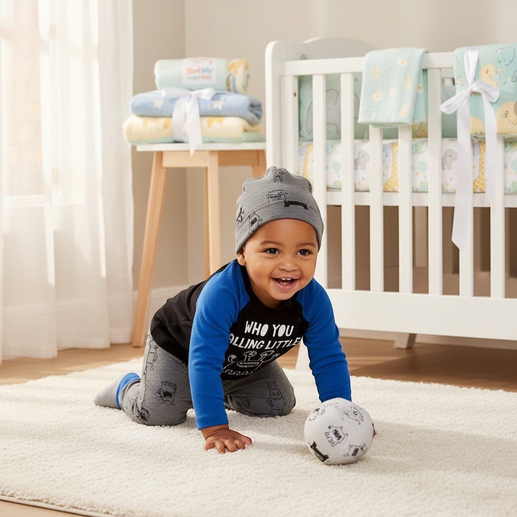 Stork And Baby boys 3 piece set: black &amp; blue long sleeve top, grey monster print pants &amp; hat. Baby crawling.