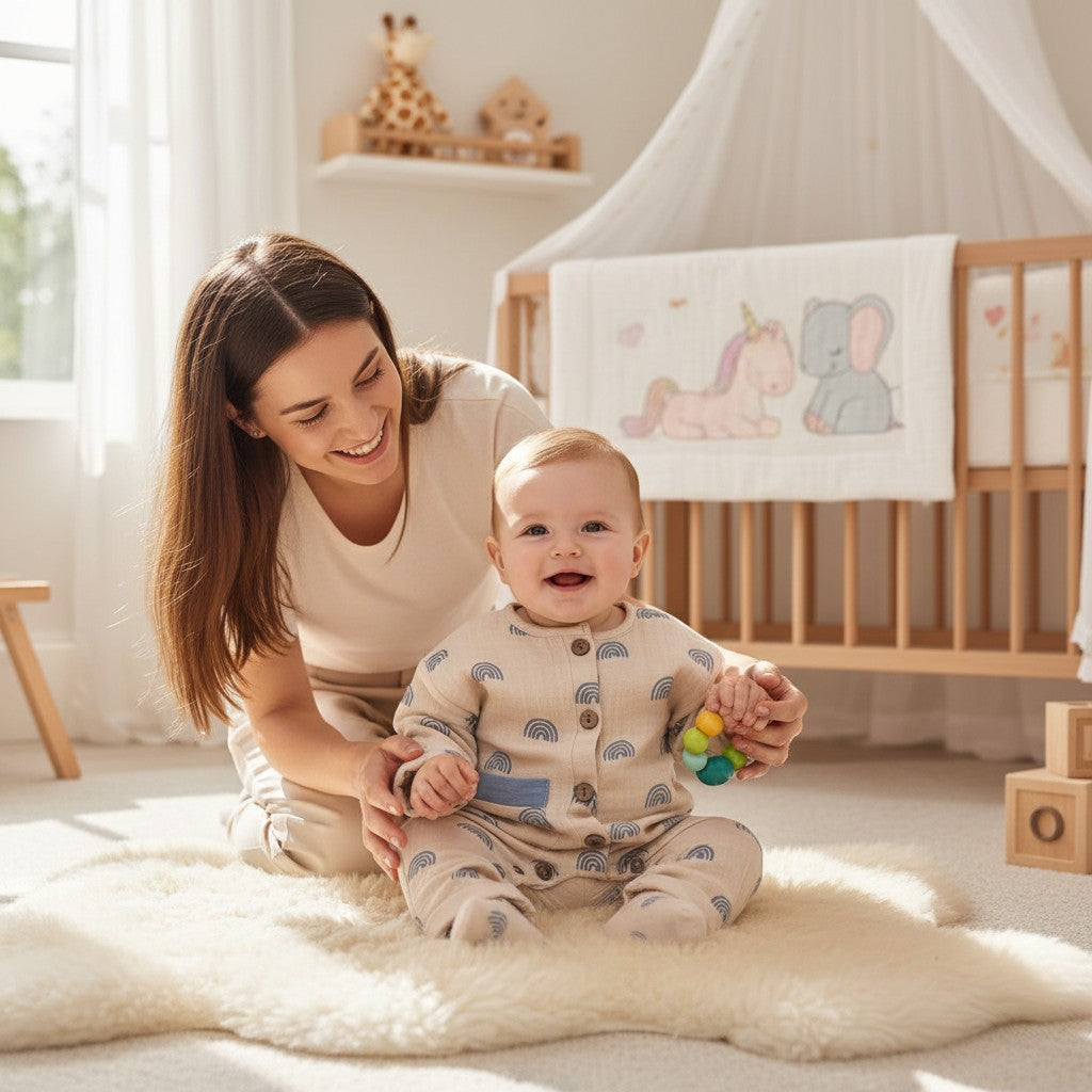 Stork And Baby boys muslin romper in beige with blue rainbow print, featuring a button front and blue accent pocket.