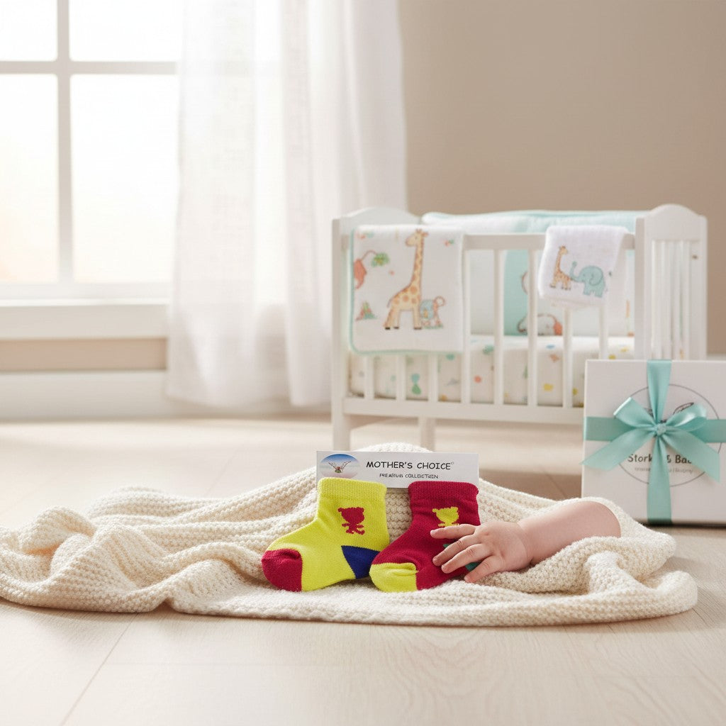 Stork And Baby boys two pack socks, one yellow with red accents and bear, one red with yellow accents and bear.