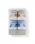 Stork And Baby Mothers Choice boys 2 pack socks gift set. Blue and tan striped socks with patterned cuffs.