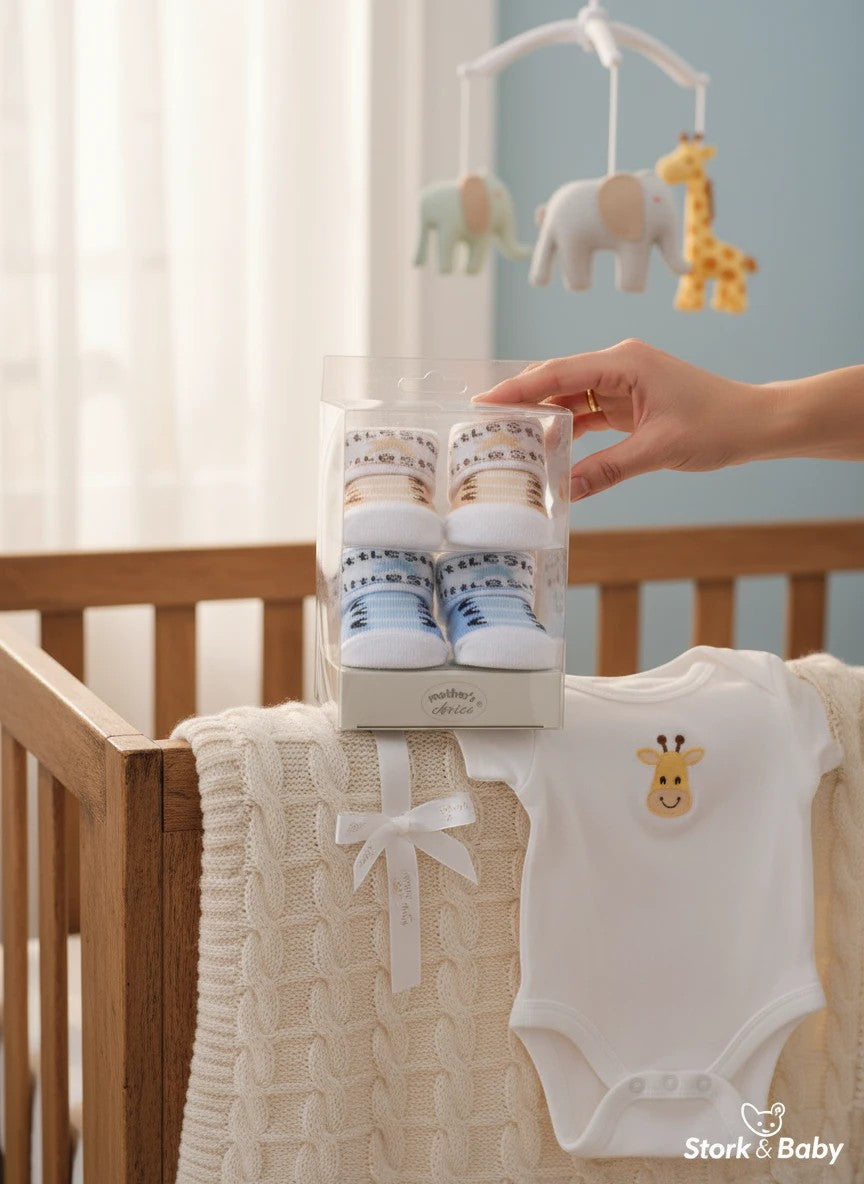 Stork And Baby Mothers Choice boys 2 pack socks gift set with blue and tan striped patterns, presented in a clear box next to a white giraffe bodysuit.