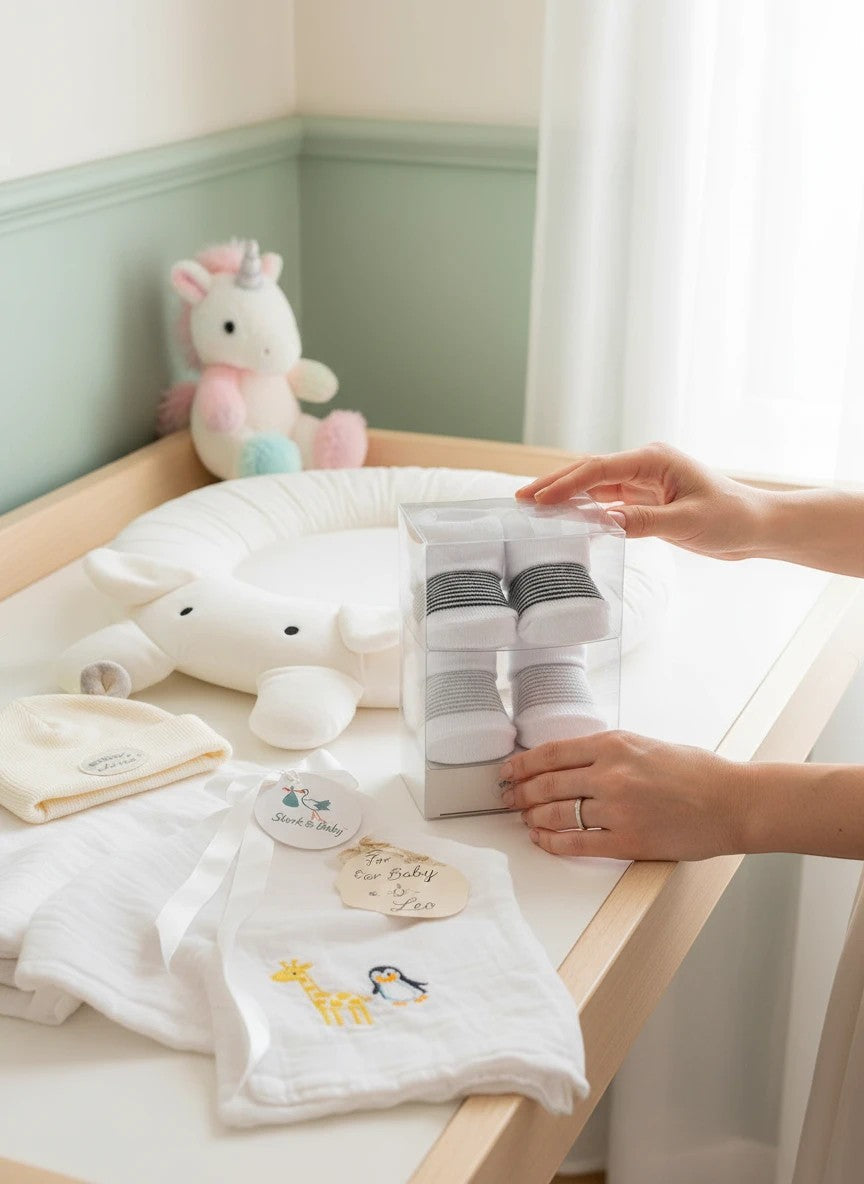 Stork And Baby boys 2 pack white socks with grey stripes, presented in a clear gift box.