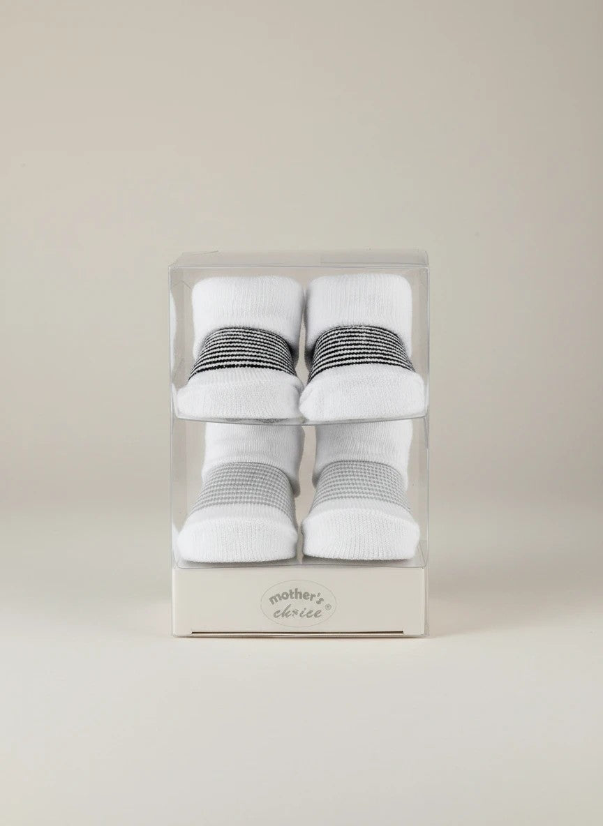 Stork And Baby boys 2 pack white cotton socks with grey and black striped cuffs, presented in a clear gift box.