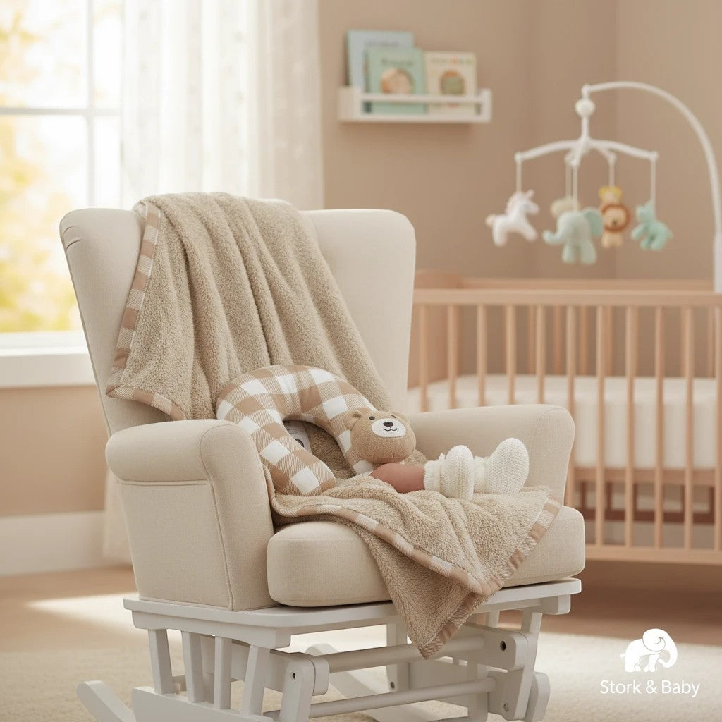 Stork and Baby neutral brown bear coral fleece blanket and pillow set with mink binding. Cozy nursery essential.