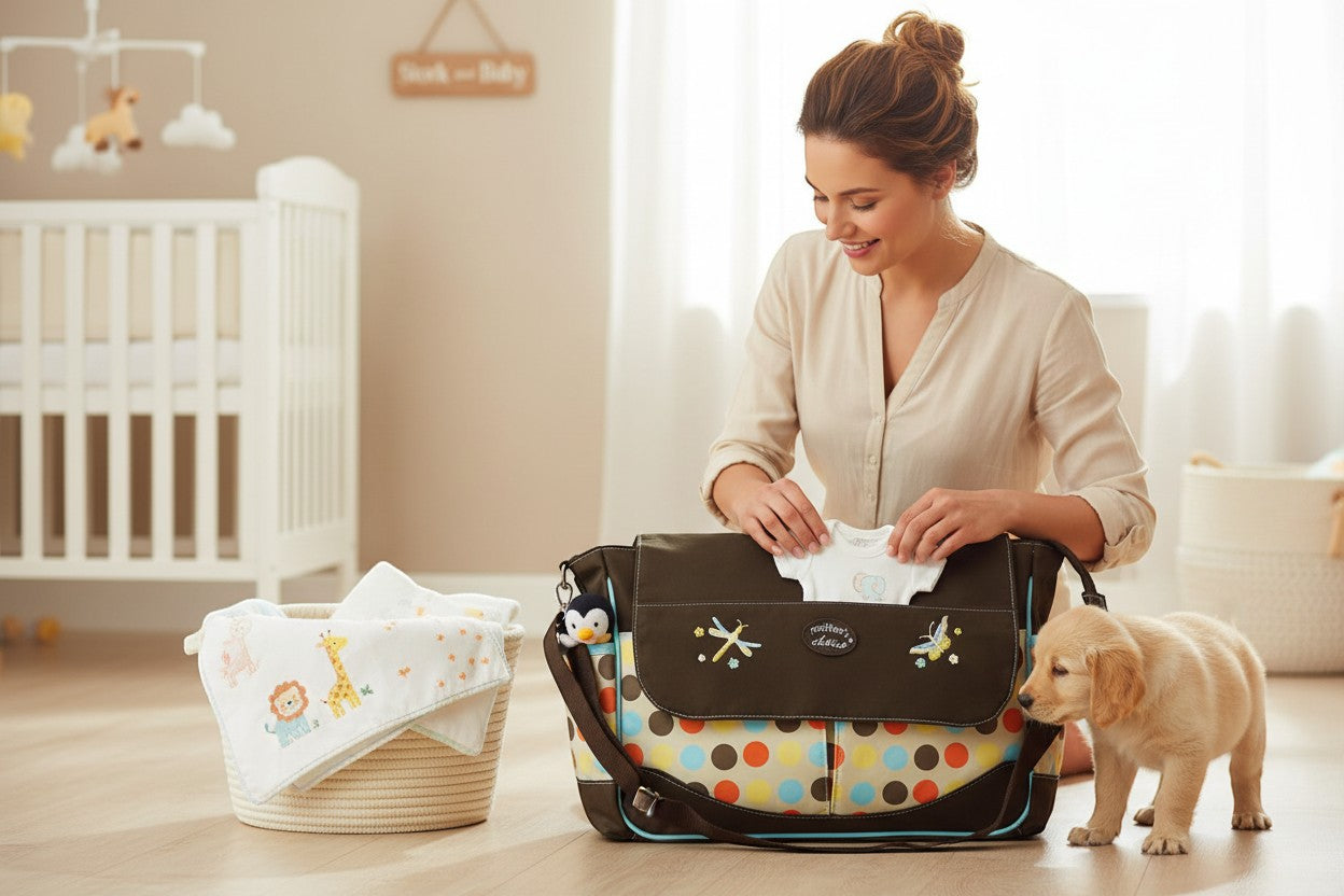 Stork And Baby brown polka dot nappy bag with a woman packing baby clothes and a puppy nearby.