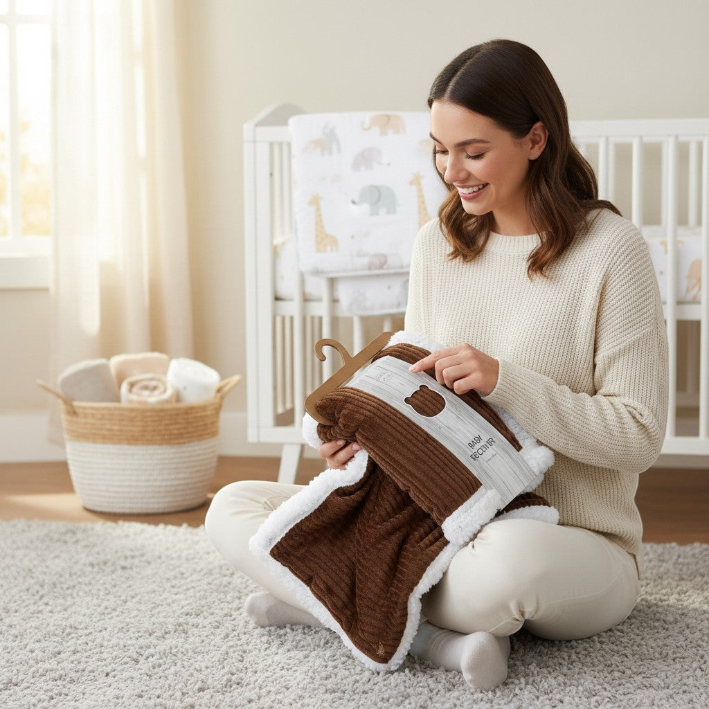 Stork And Baby brown sherpa fleece baby blanket with white trim, featuring corduroy texture. A woman holds it near a crib.
