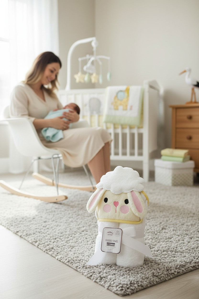 Stork And Baby white 100% cotton hooded baby towel with a cute bunny face and ears. Perfect for sensitive skin.