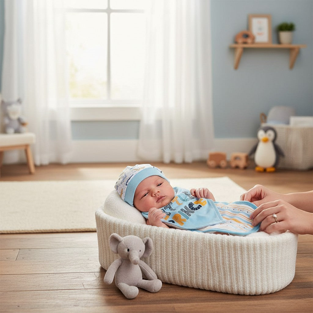 Stork And Baby blue 100% cotton burp cloth with playful animal print and striped trim.