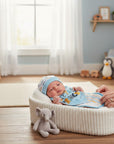 Stork And Baby blue 100% cotton burp cloth with playful animal print and striped trim.