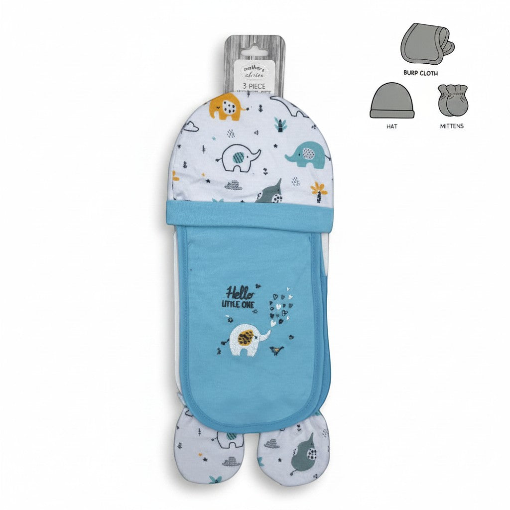 Stork And Baby 100% cotton burp cloth set with matching hat and mittens featuring elephants and "Hello Little One" text.